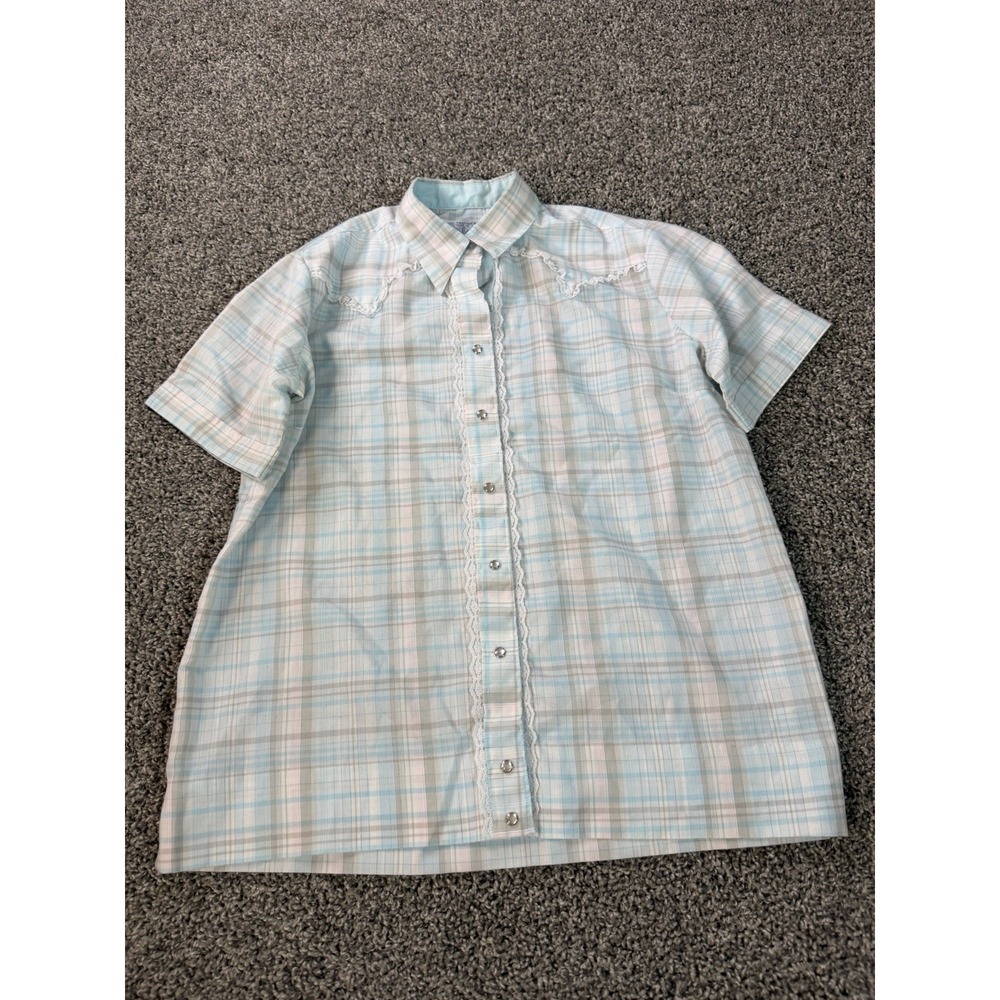 Vintage 70s Rockmount Short Sleeve Pearl Snap Shirt Women's Size 36 Blue Western